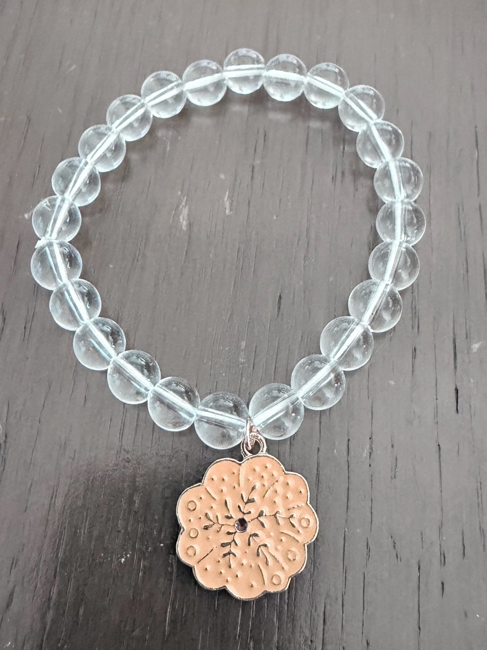 Clear Beaded Bracelet with Rose Gold Floral Charm Handmade Floral Boho Jewelry